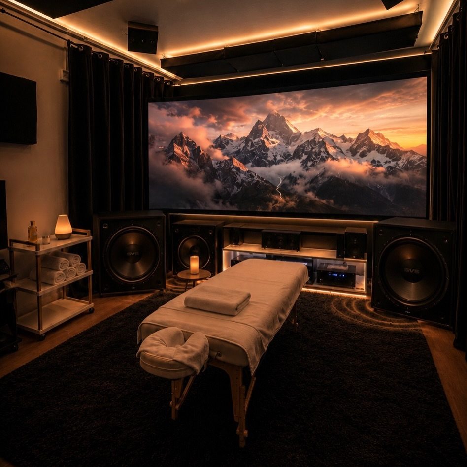 Sala cinema con lettino davanti allo schermo