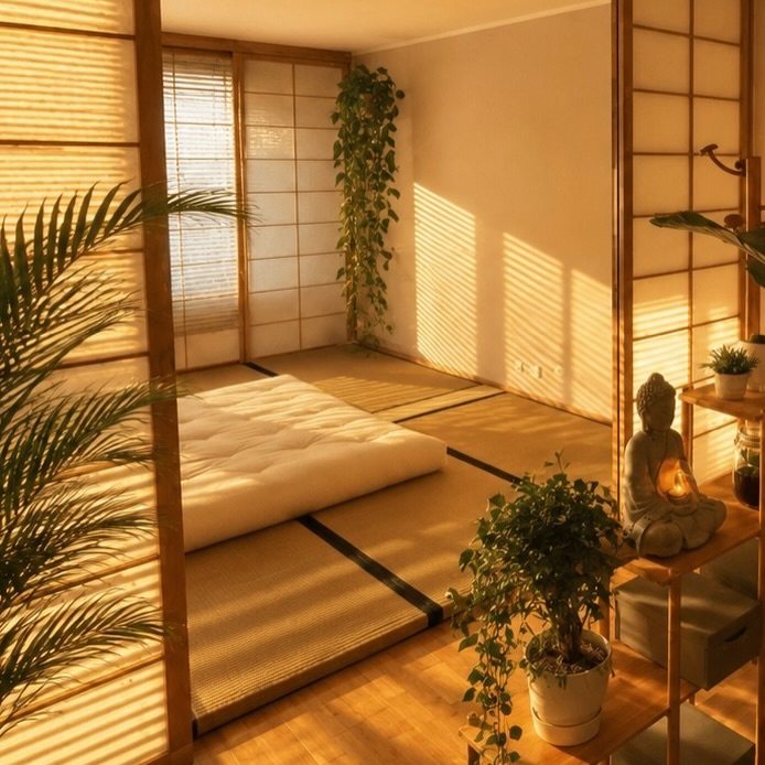Sala asiatica con pareti shoji, tatami e futon nella luce del mattino