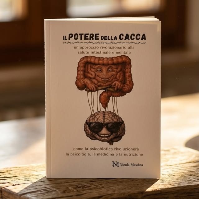Il libro Il potere della cacca di Nicola Messina su un tavolo di legno