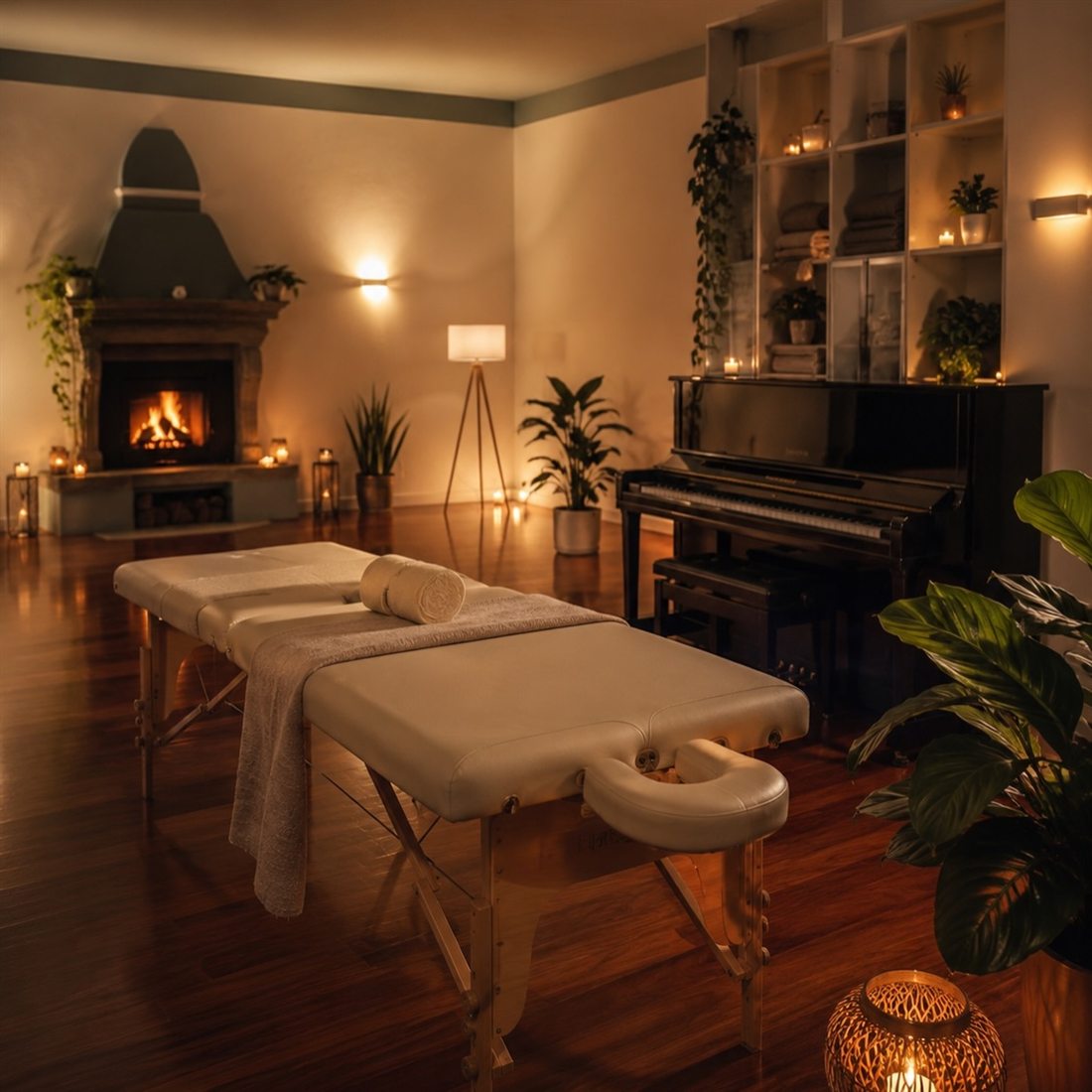 Sala con pianoforte, camino acceso, candele e lettino da massaggio