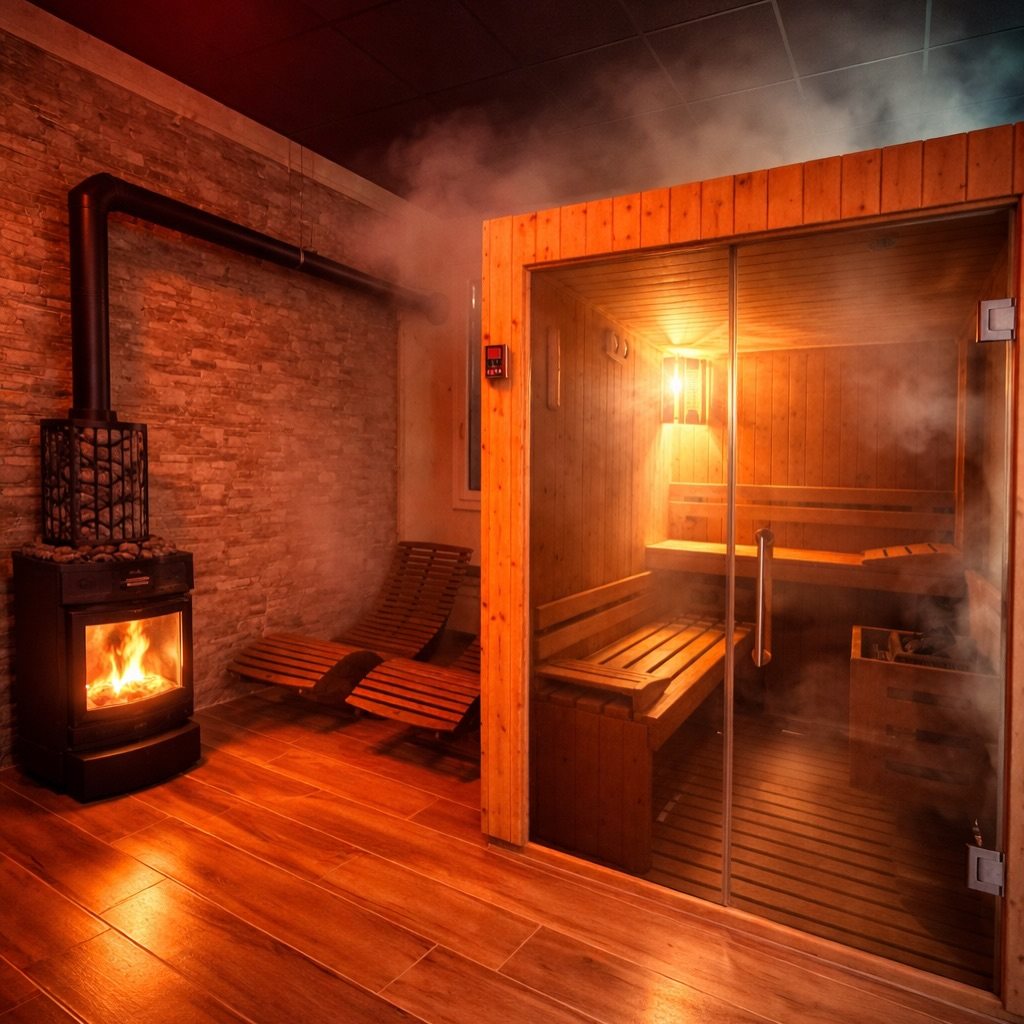 Sauna finlandese Harvia con vapore, davanti a un camino a legna acceso